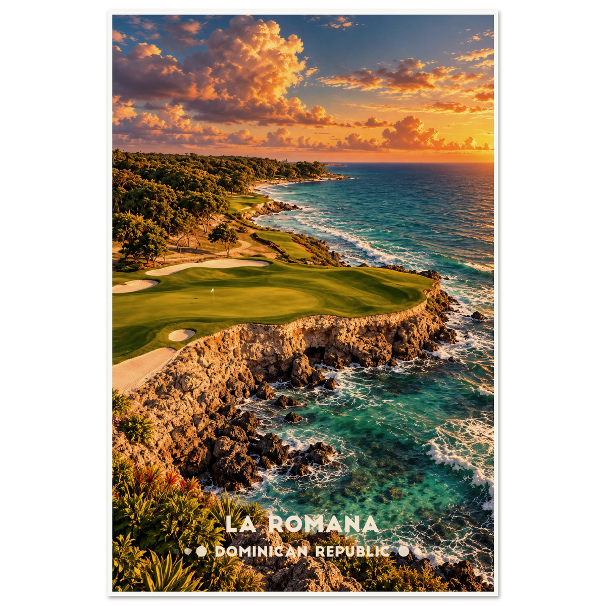 Clifftop golf green with bunkers and palms above turquoise Caribbean surf in La Romana, Dominican Republic