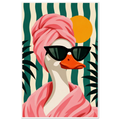 Retro illustration of a white duck in pink towel turban and cat-eye sunglasses on green stripes