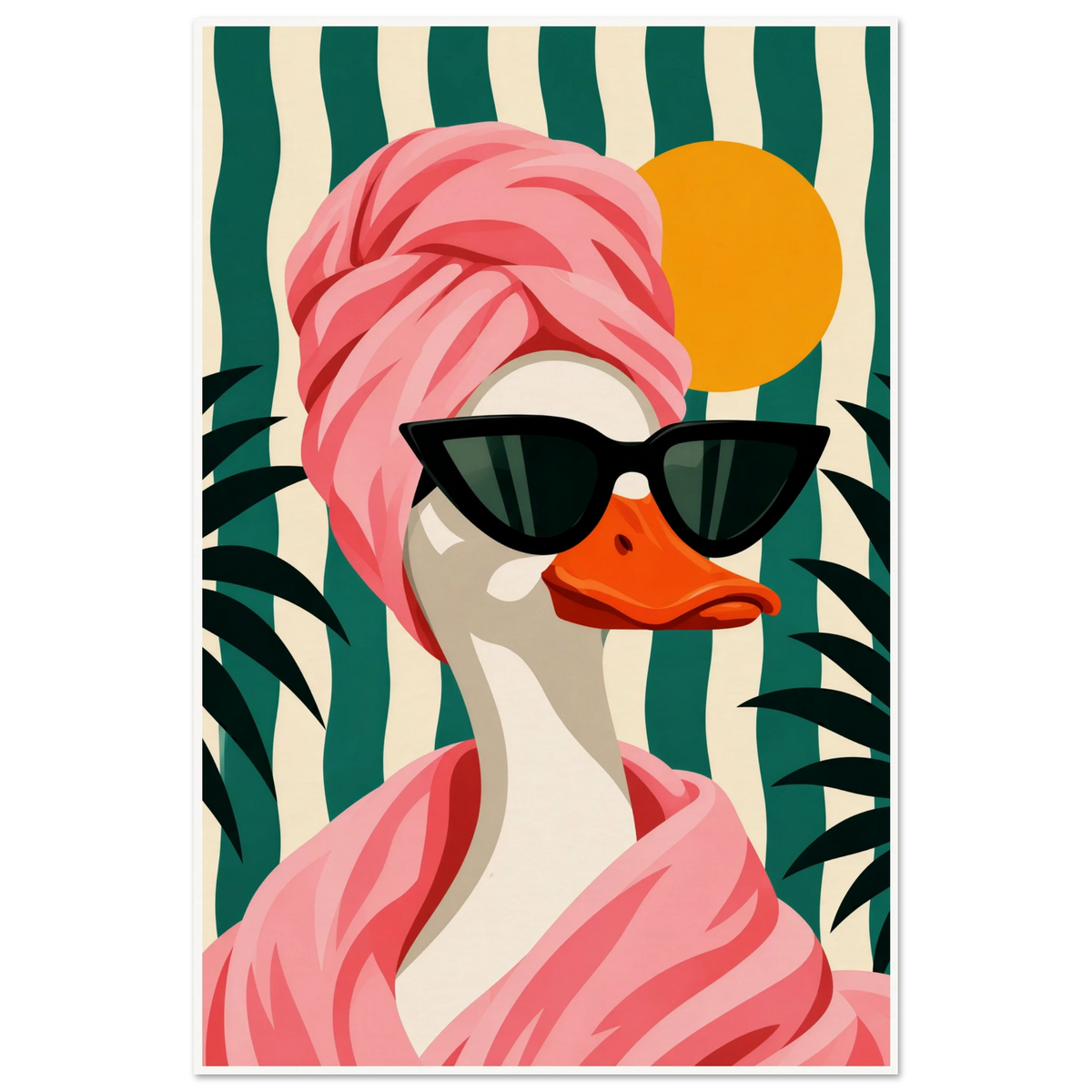 Retro illustration of a white duck in pink towel turban and cat-eye sunglasses on green stripes