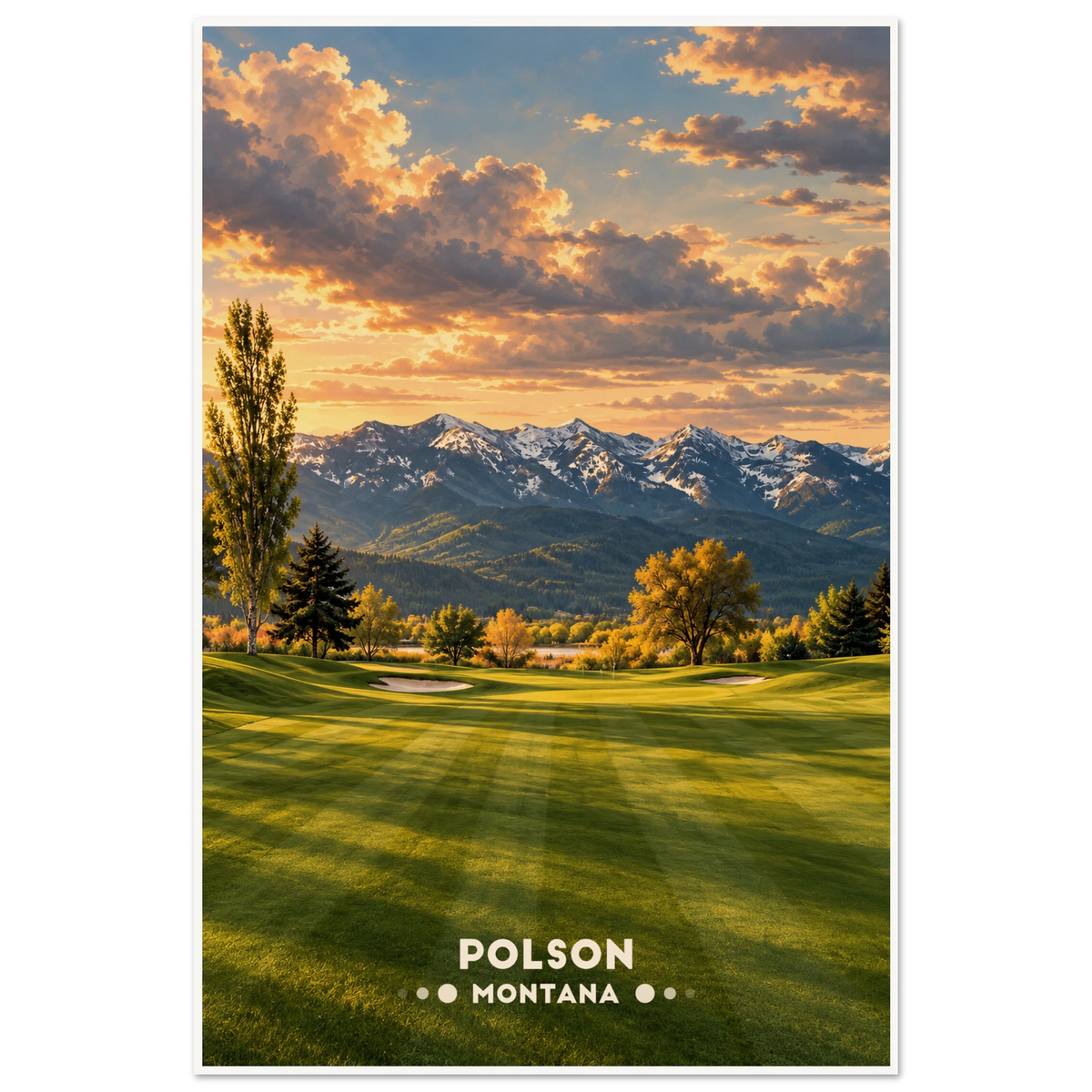 Painted mountain golf fairway with bunkers, cottonwoods and snowy Mission Range in Polson, Montana